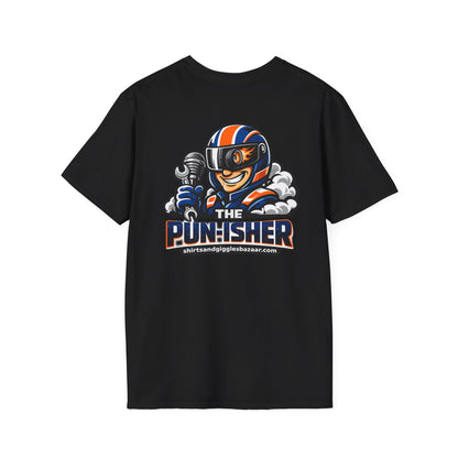 Black t-shirt with 'The Punisher' graphic design on a white background