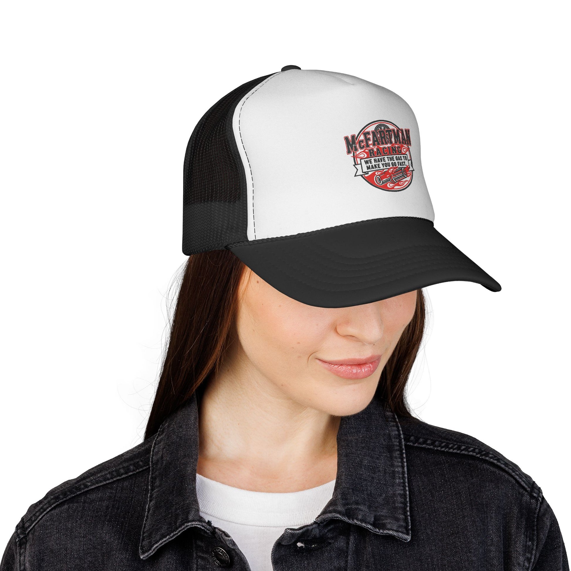 Person wearing a black and white cap with a logo McFARTMAN Racing We have the gas to make you go fast on a white background