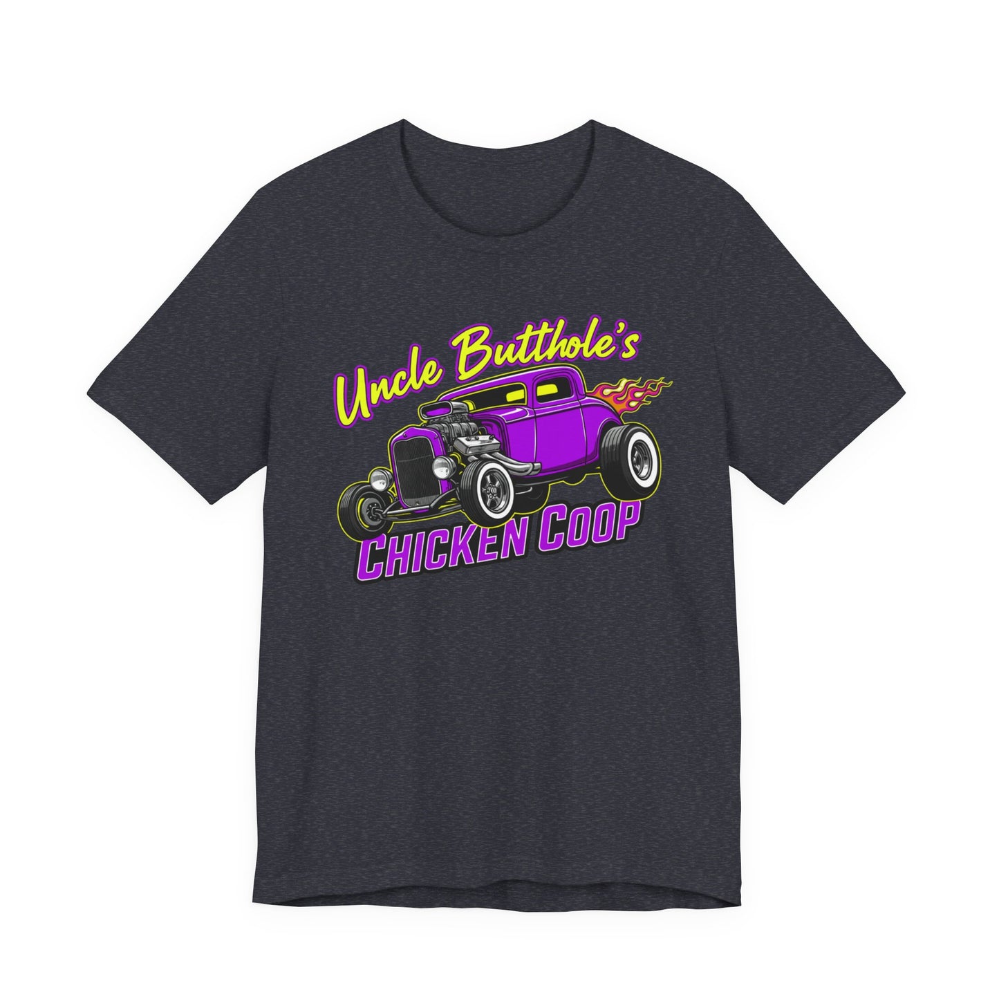Heather navy Bella+Canvas 3001 t-shirt with a purple hot rod graphic and text 'Uncle Butthole's Chicken Coop' on a white background