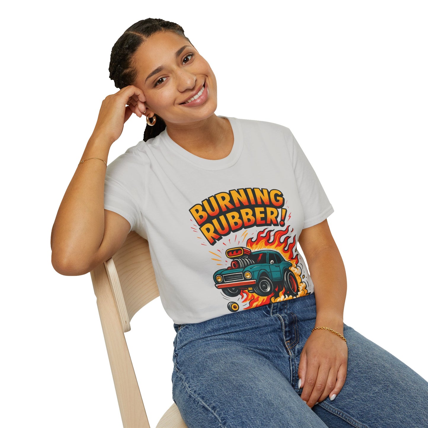 Person wearing a white t-shirt with 'Burning Rubber!' graphic design.