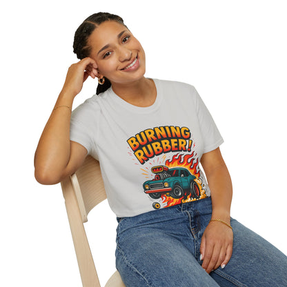 Person wearing a white t-shirt with 'Burning Rubber!' graphic design.