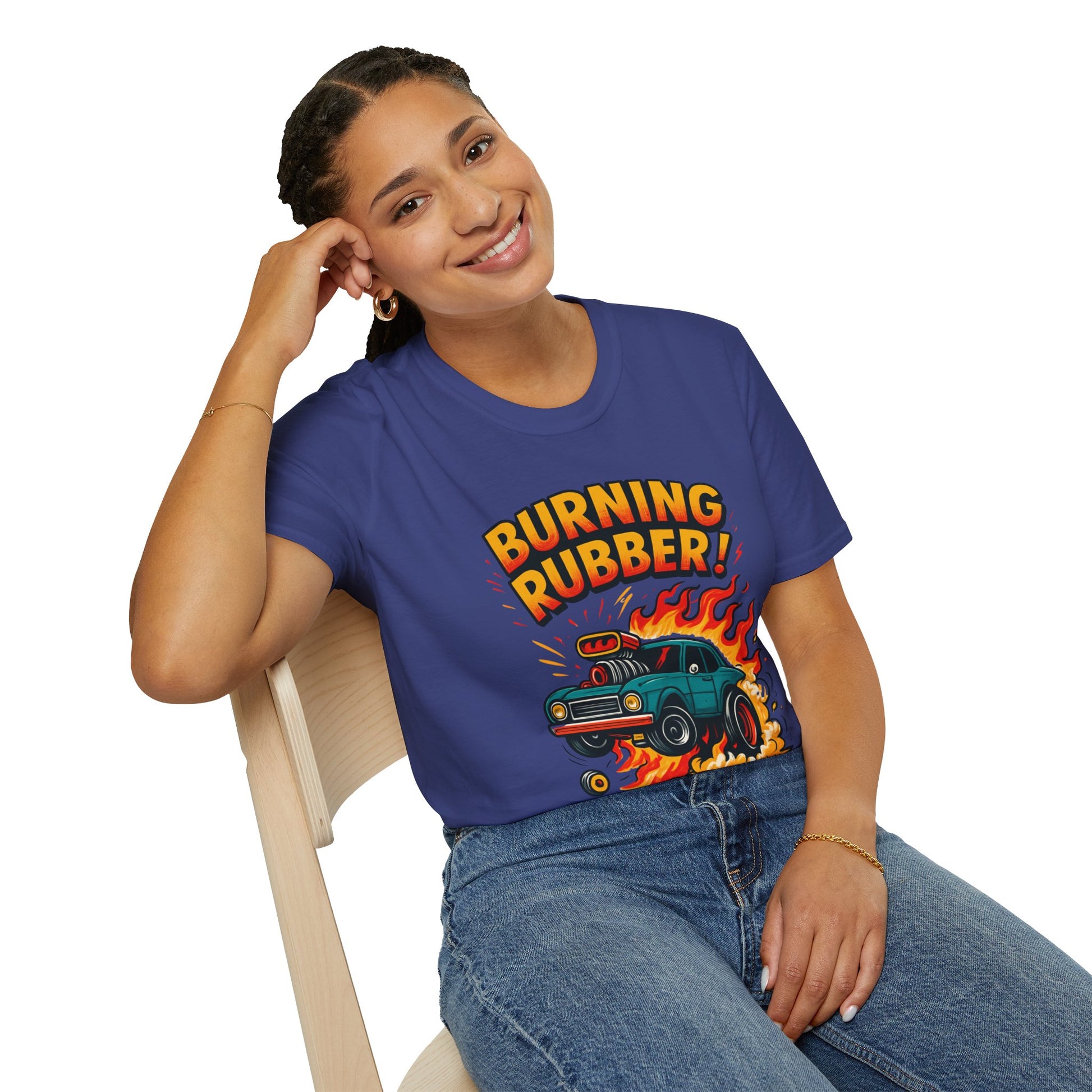 Person wearing a blue t-shirt with 'Burning Rubber!' graphic design.