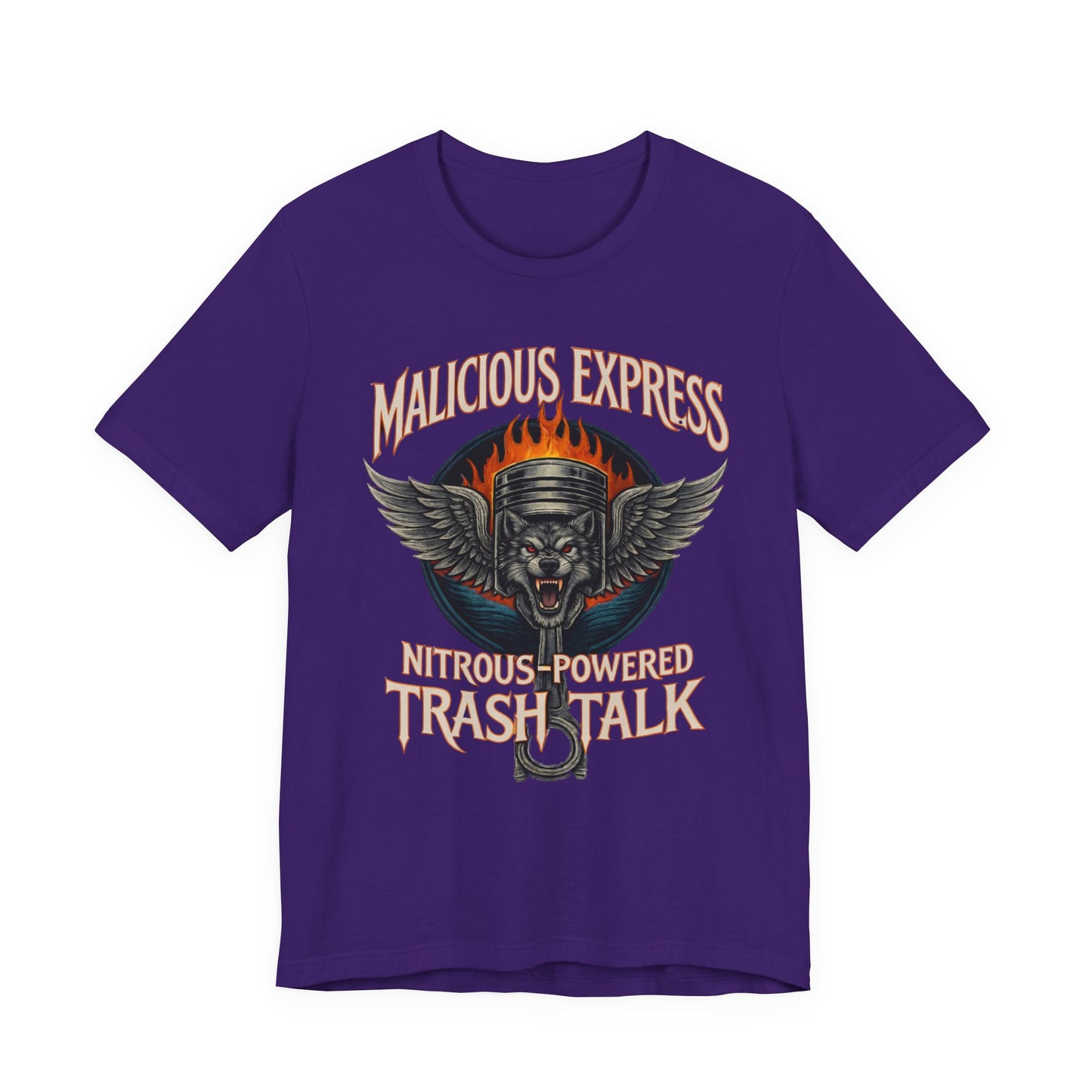 Purple t-shirt with graphic design and  'Malicious Express Nitrous-Powered Trash Talk' text on a white background
