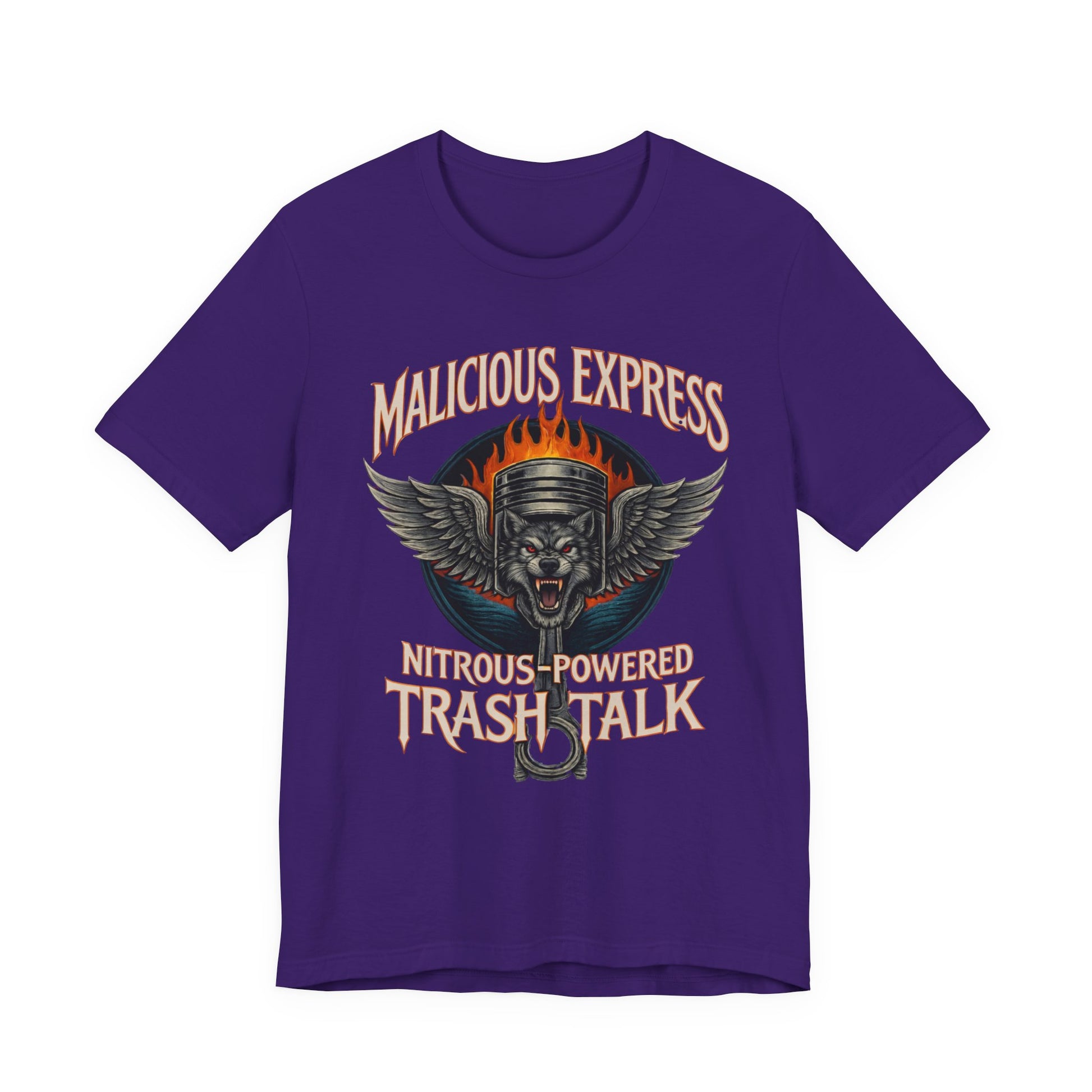 Purple t-shirt with graphic design and  'Malicious Express Nitrous-Powered Trash Talk' text on a white background