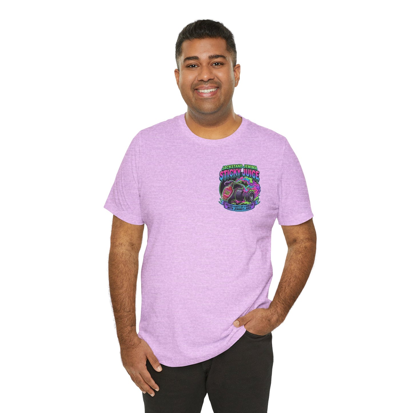Man wearing a purple t-shirt with a colorful graphic design and text  'Jackedstand Jemima Sticky Juice You Can Always Rip A Good One With Jemima's Juice' on a white background