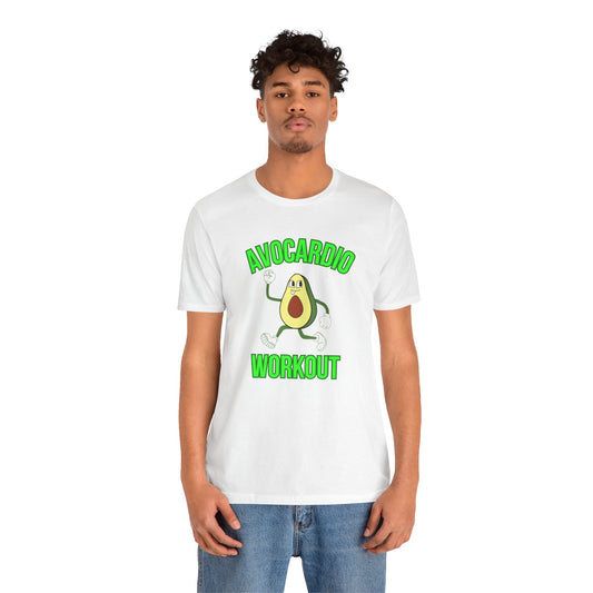 Person wearing a white t-shirt with an avocado graphic and text 'Avocardio workout' on a white background