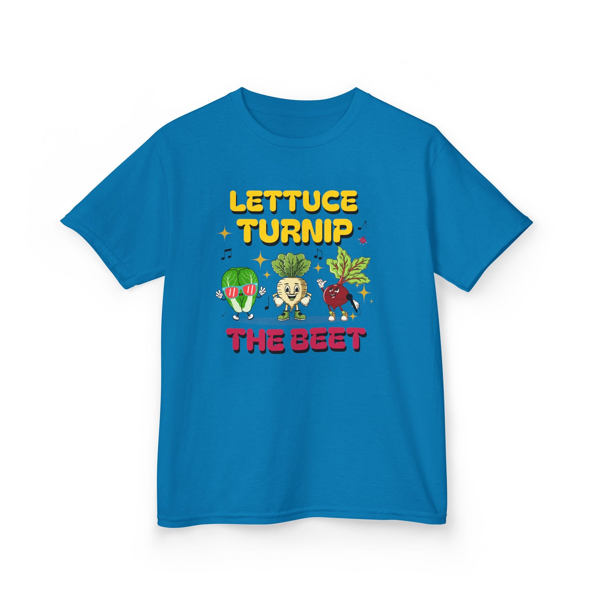 Blue t-shirt with colorful vegetable graphics and text 'Lettuce Turnip the Beet' on a white background