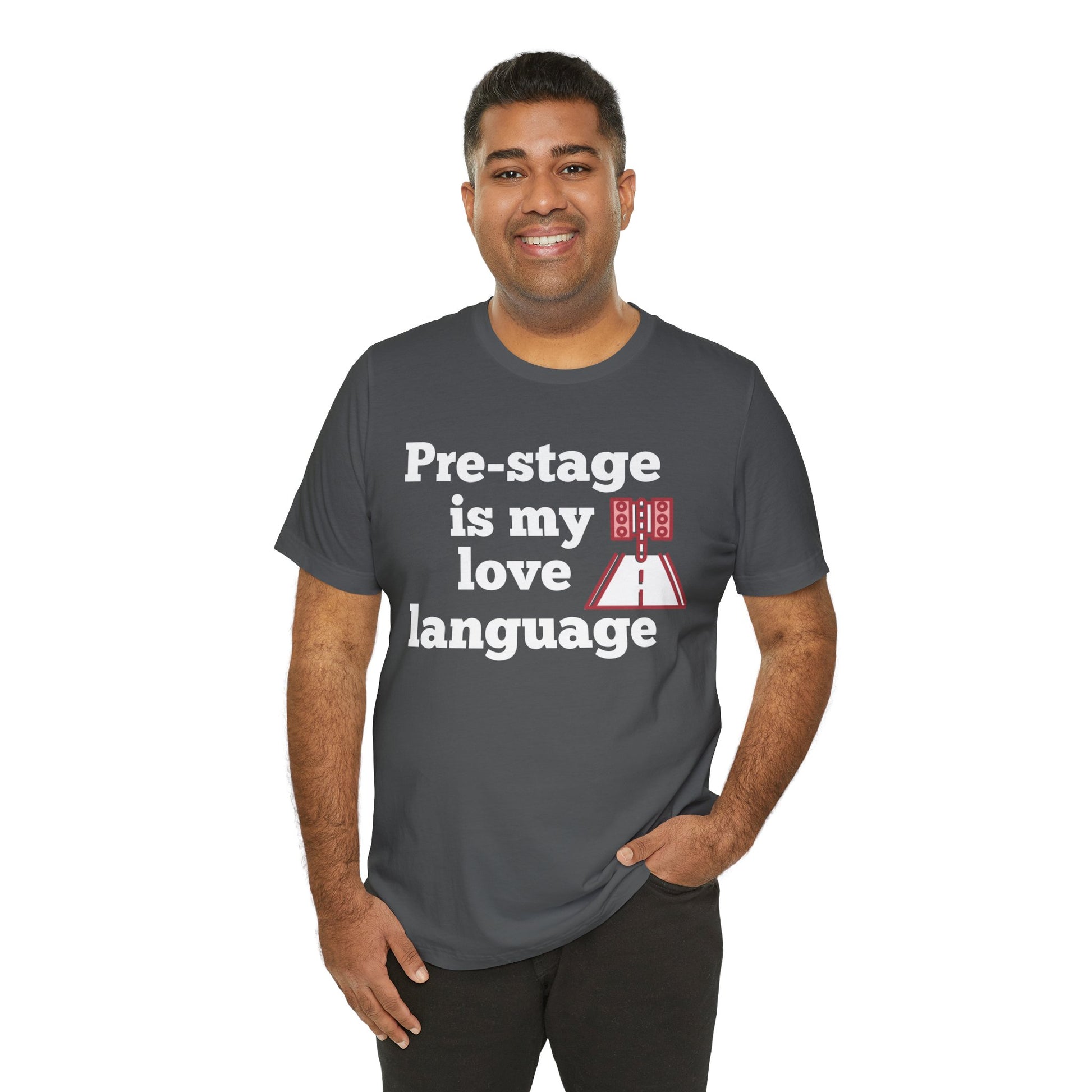 Man wearing a gray t-shirt with humorous text 'Snooze button is my love language' design on a white background