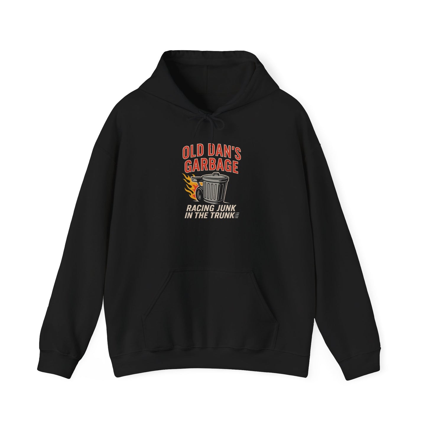 Black Gildan 18500 hoodie with Old Dan's Garbage Racing Junk In The Trunk graphic design on a white background