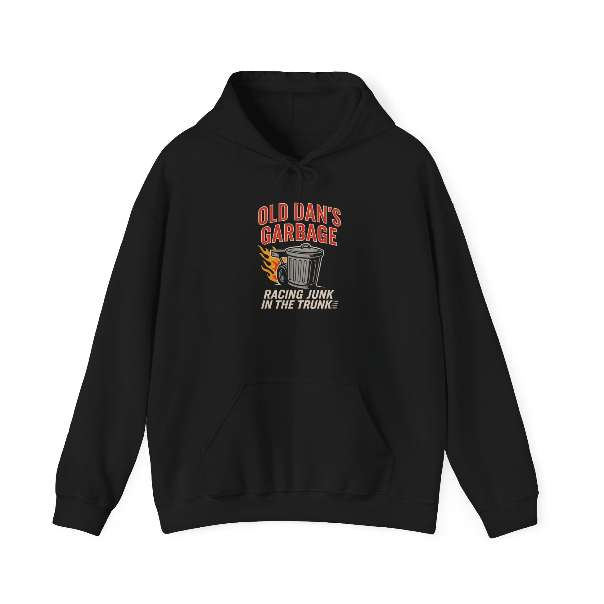 Black Gildan 18500 hoodie with Old Dan's Garbage Racing Junk In The Trunk graphic design on a white background