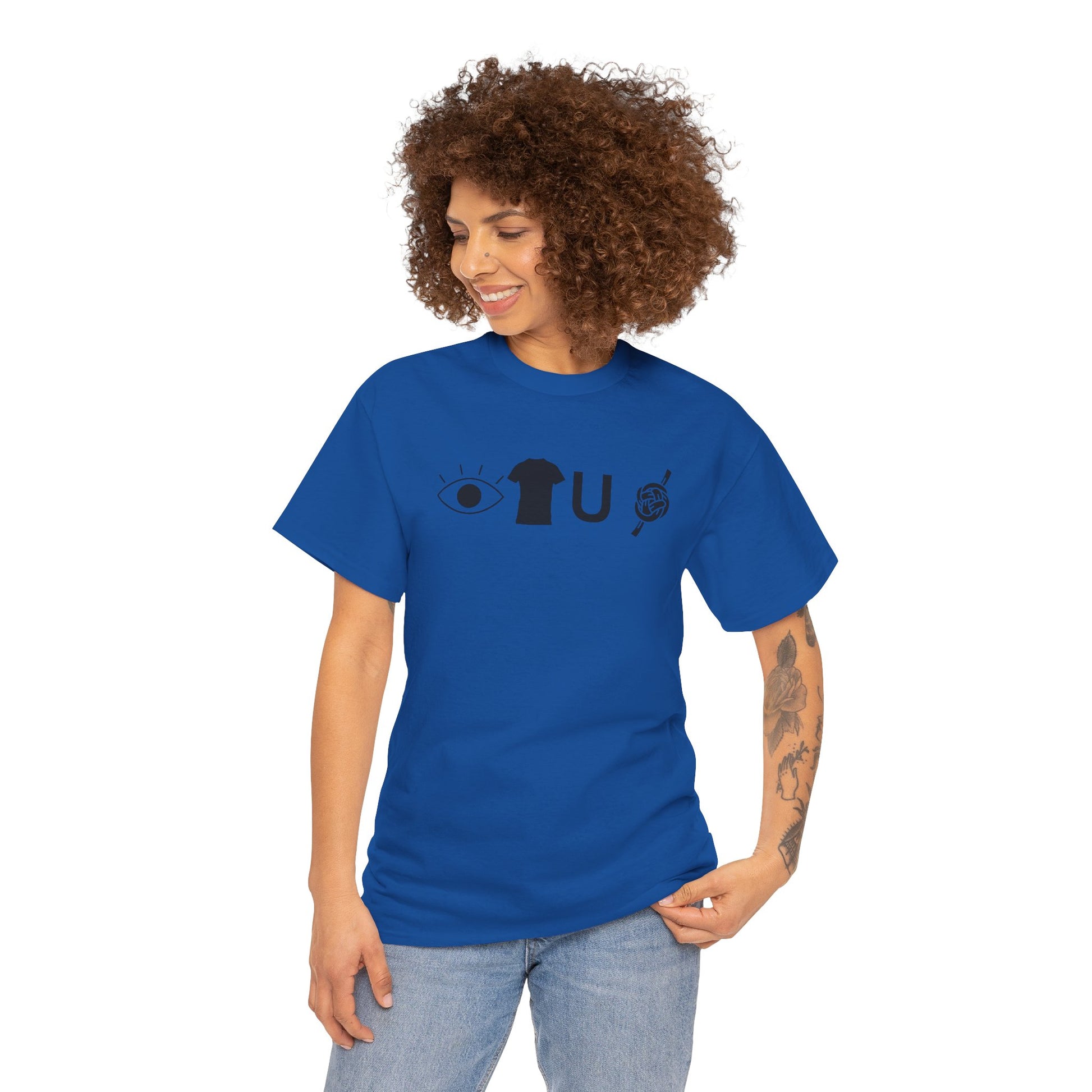 Woman wearing a blue t-shirt with a graphic design on a white background