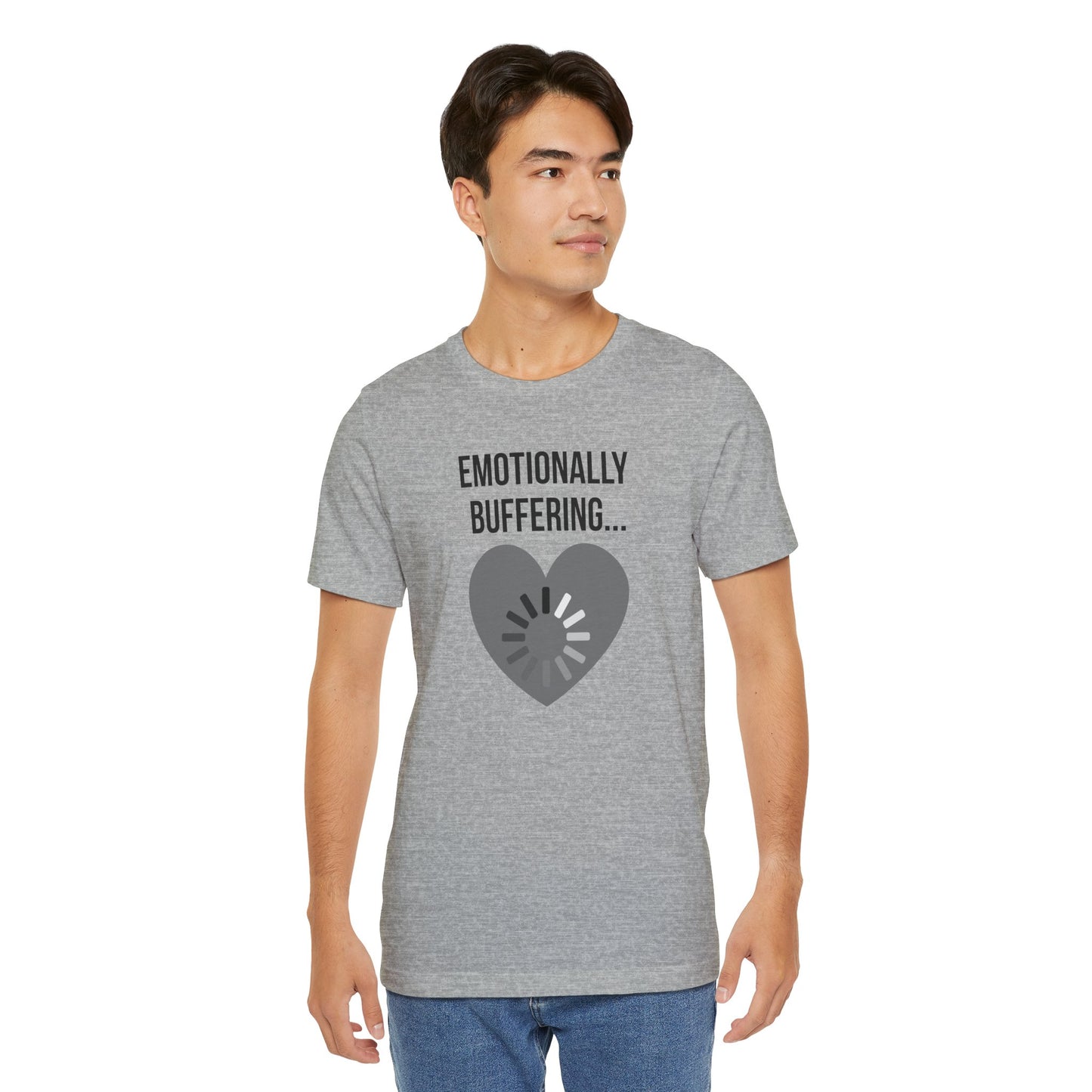 Man wearing a gray t-shirt with 'Emotionally Buffering' design on a white background