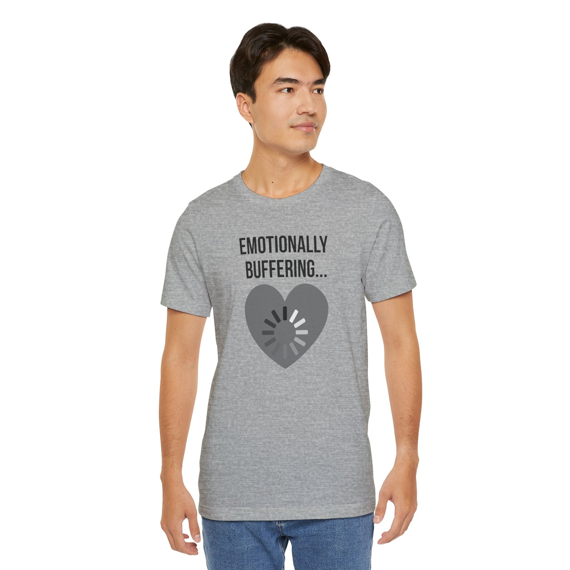 Man wearing a gray t-shirt with 'Emotionally Buffering' design on a white background
