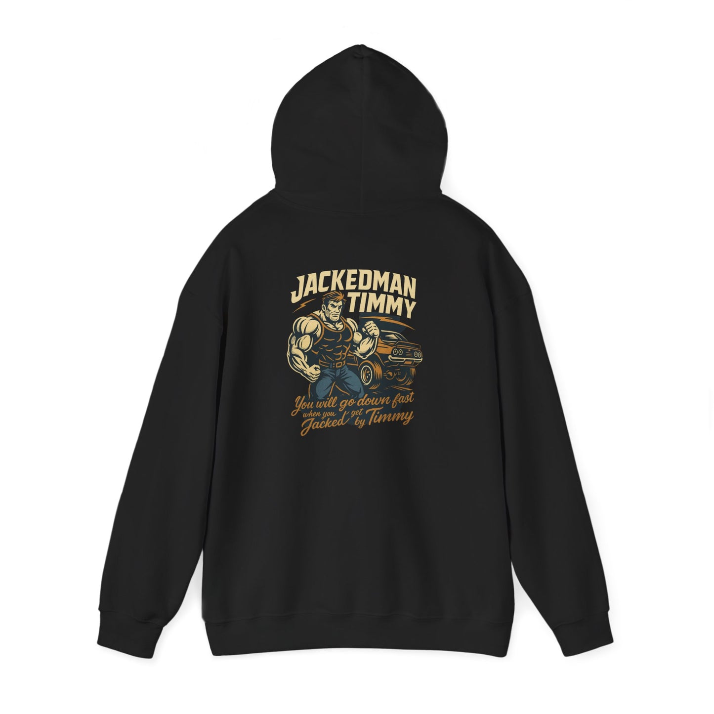 Black hoodie with 'JACKEDMAN TIMMY' graphic design on the back on a white background