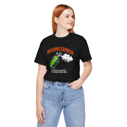 Person wearing a black t-shirt with a graphic design and 'Malicious Express Passing Gas Blows The Competition Away' text on a white background