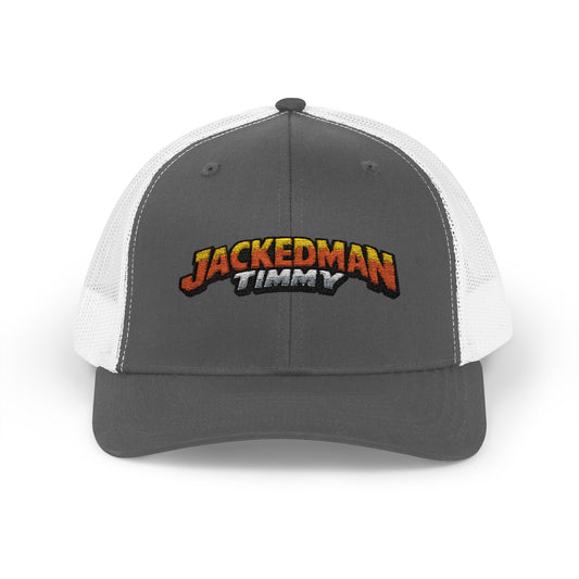 Gray and white cap with 'Jackedman Timmy' logo on a white background