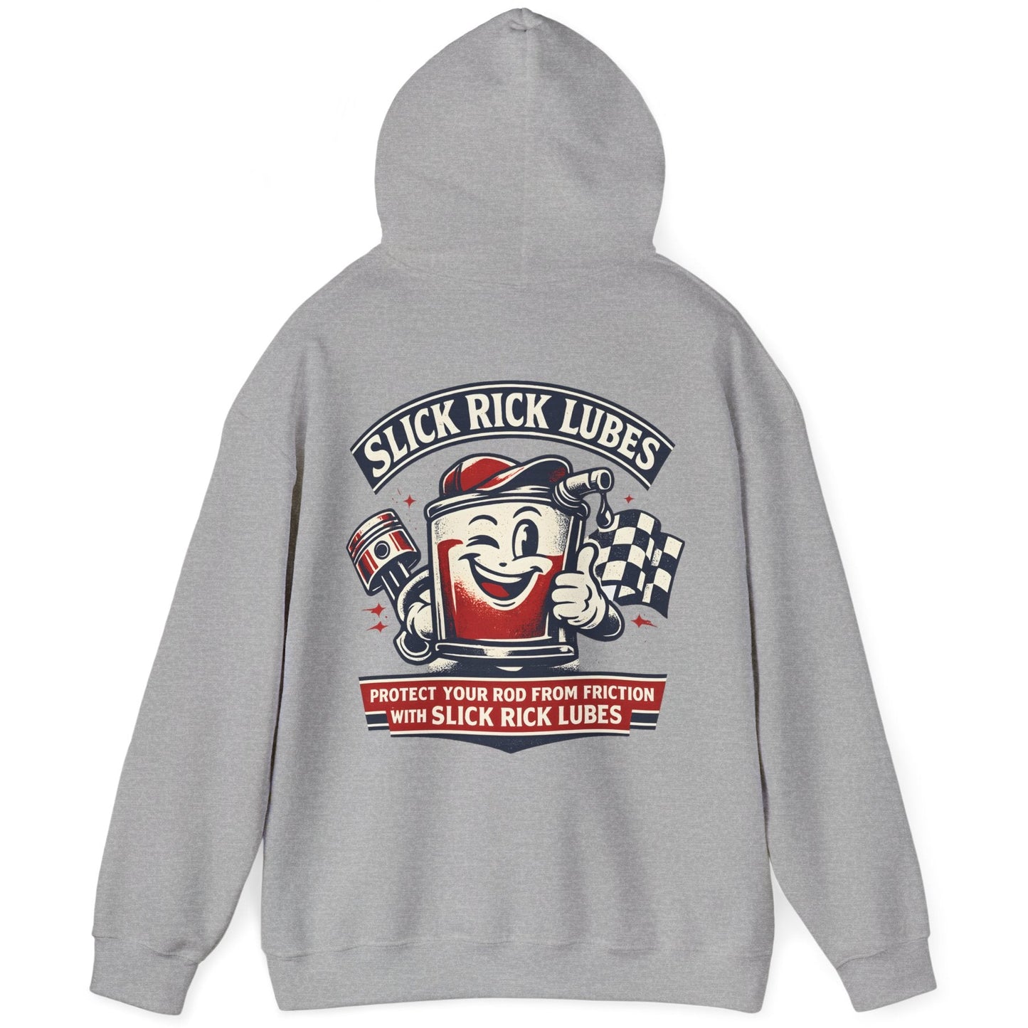 Gray hoodie with 'Slick Rick Lubes' graphic on the back against a white background