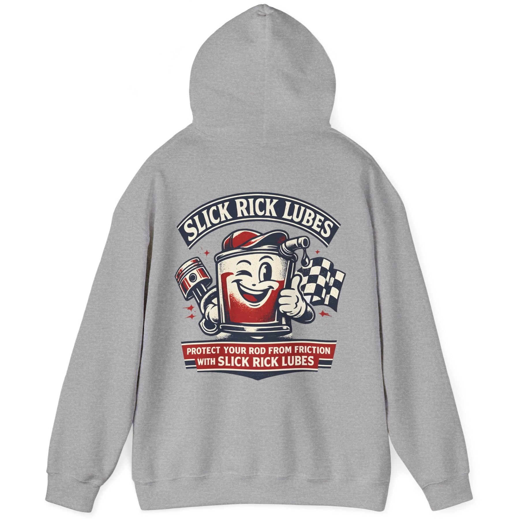 Gray hoodie with 'Slick Rick Lubes' graphic on the back against a white background