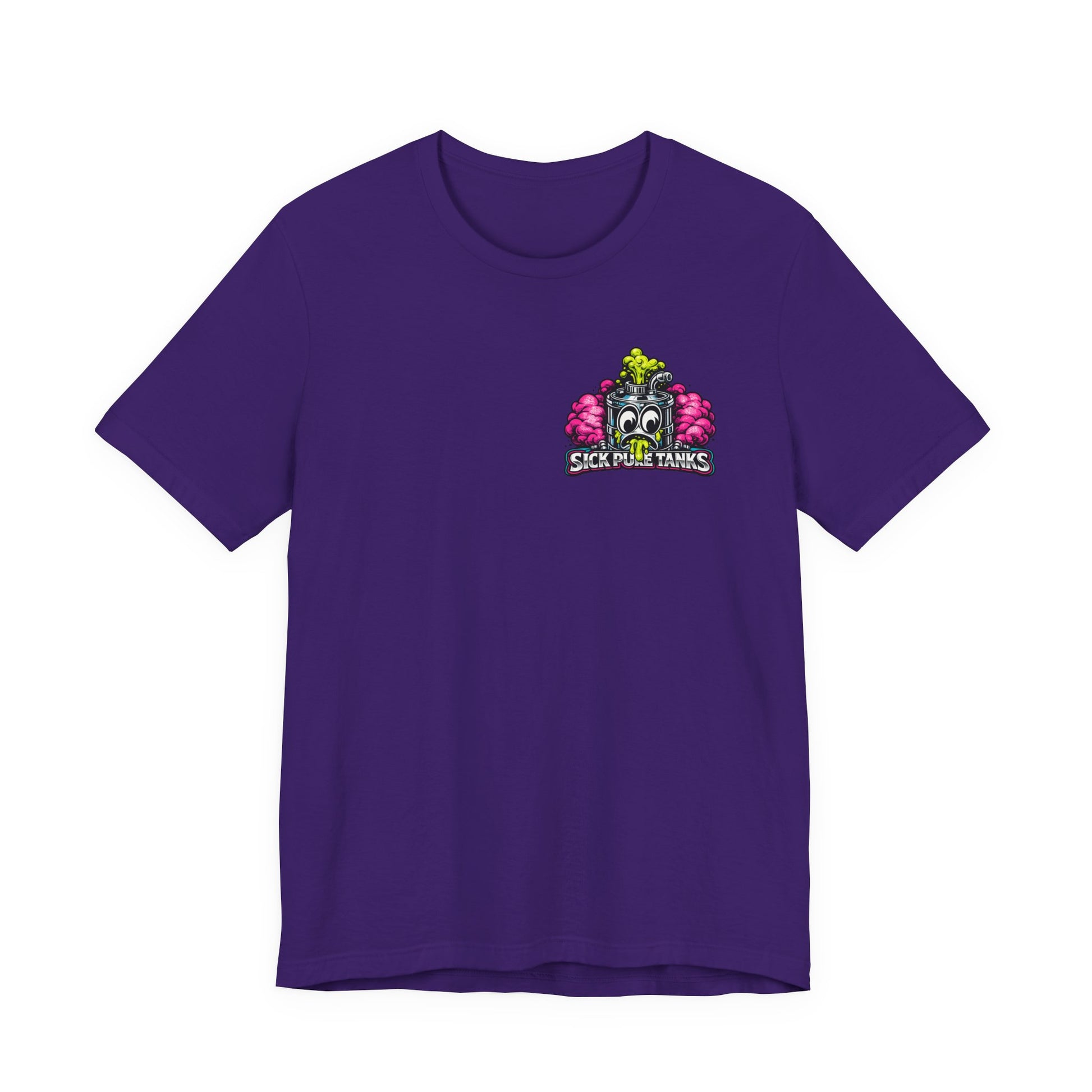 Purple t-shirt with a colorful 'Sick Puke Tanks' logo