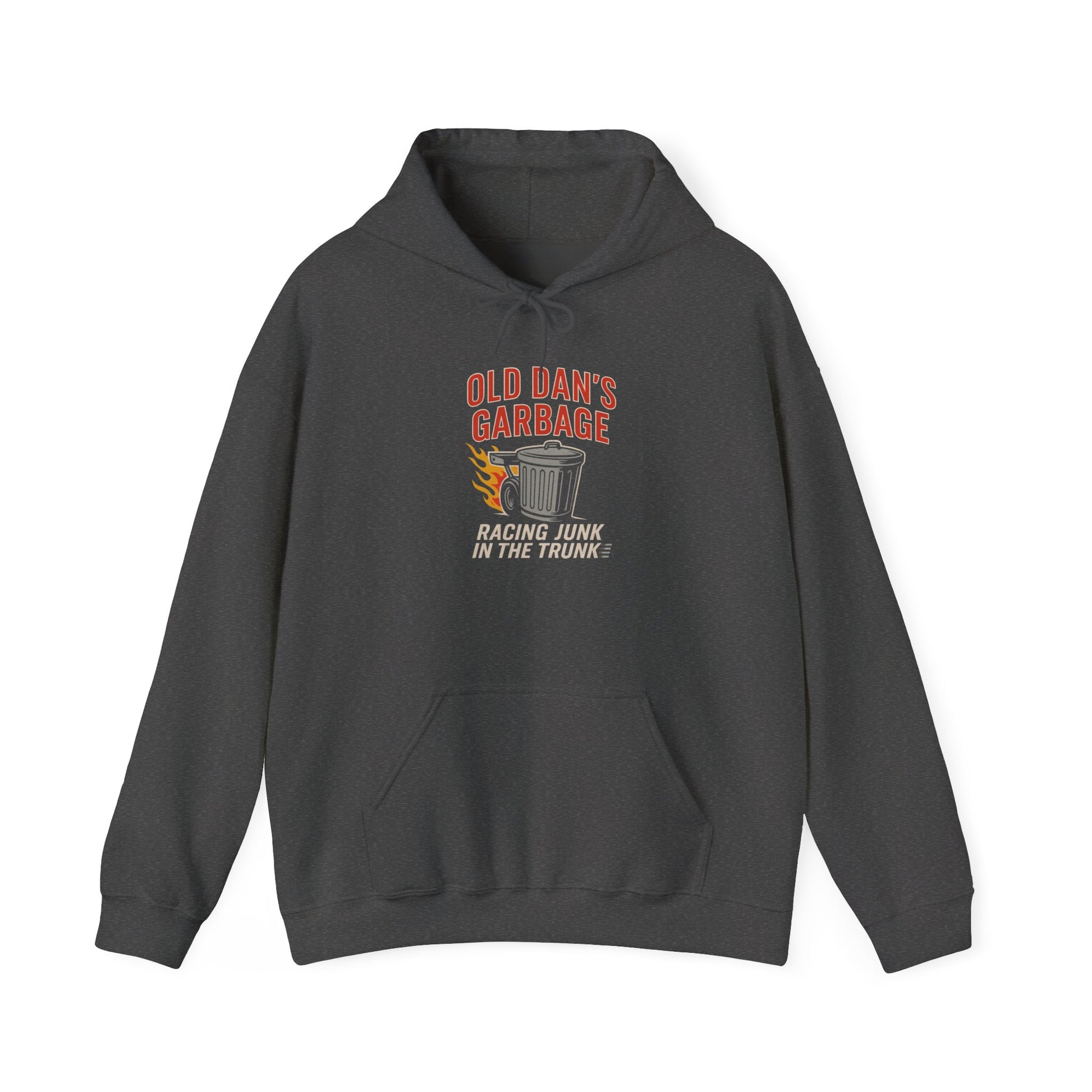 Dark gray hoodie with Old Dan's Garbage Racing Junk In The Trunk graphic design on a white background 