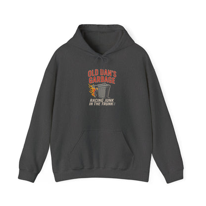 Dark gray hoodie with Old Dan's Garbage Racing Junk In The Trunk graphic design on a white background 