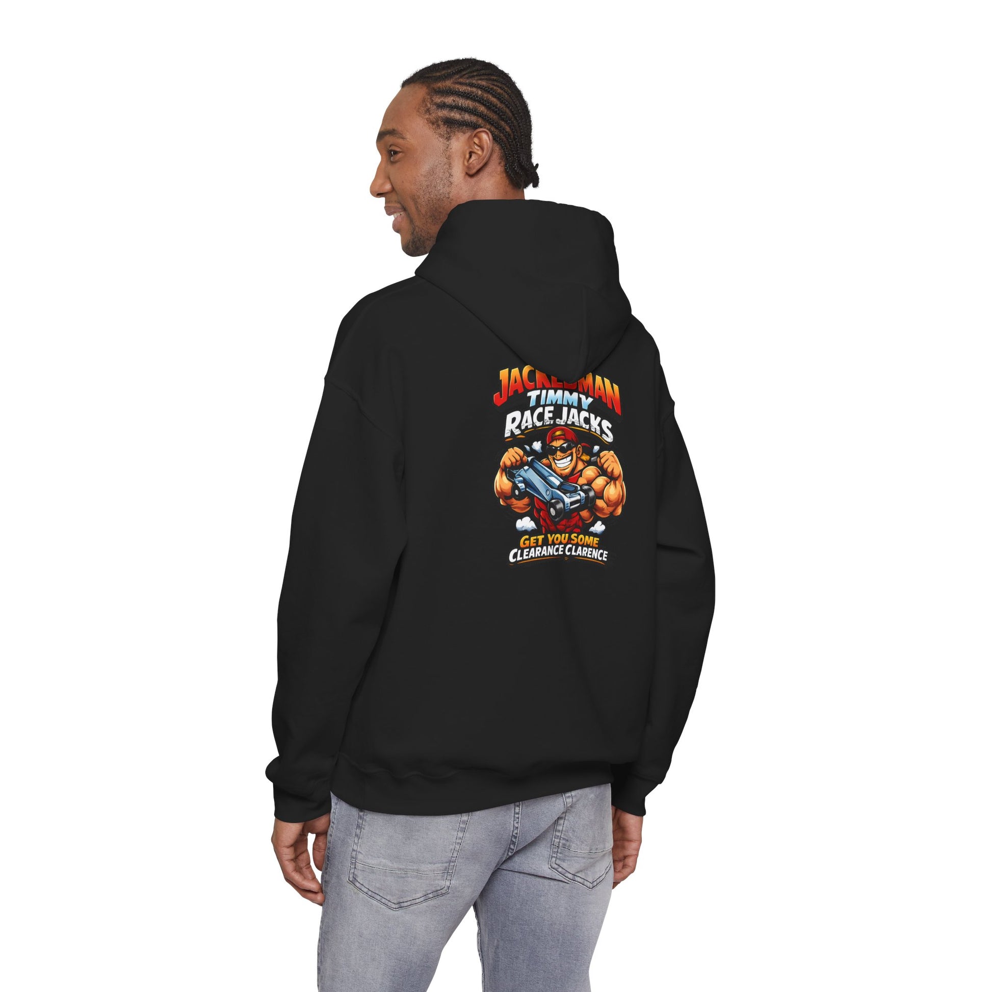 Person wearing a black hoodie with a colorful graphic and 'Jackedman Timmy Race Jacks Get You Some Clearance Clarence' text on the back, standing against a white background