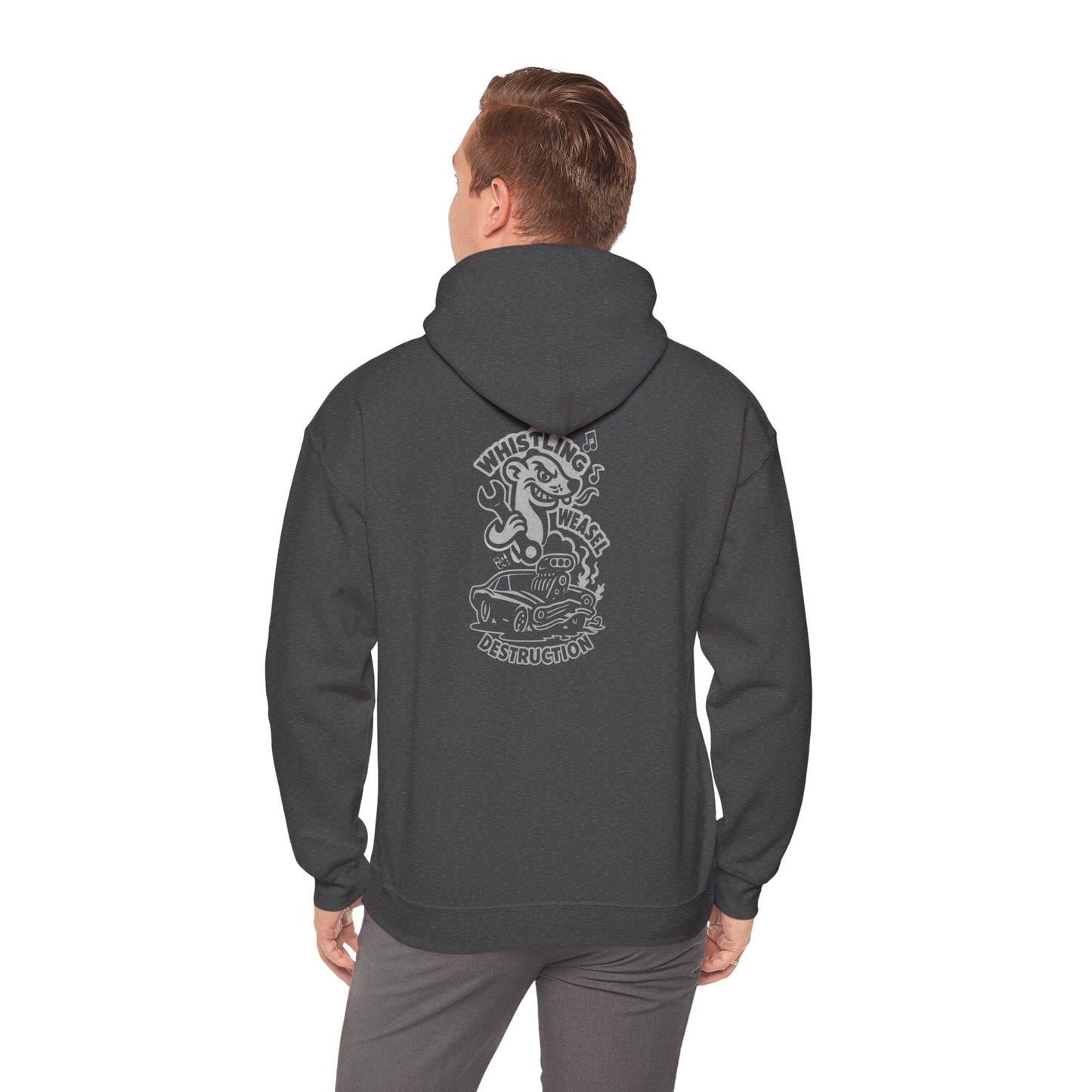 Man wearing dark heather Gildan 18500 hoodie with bold white back print featuring hot rod and wrench-wielding weasel.