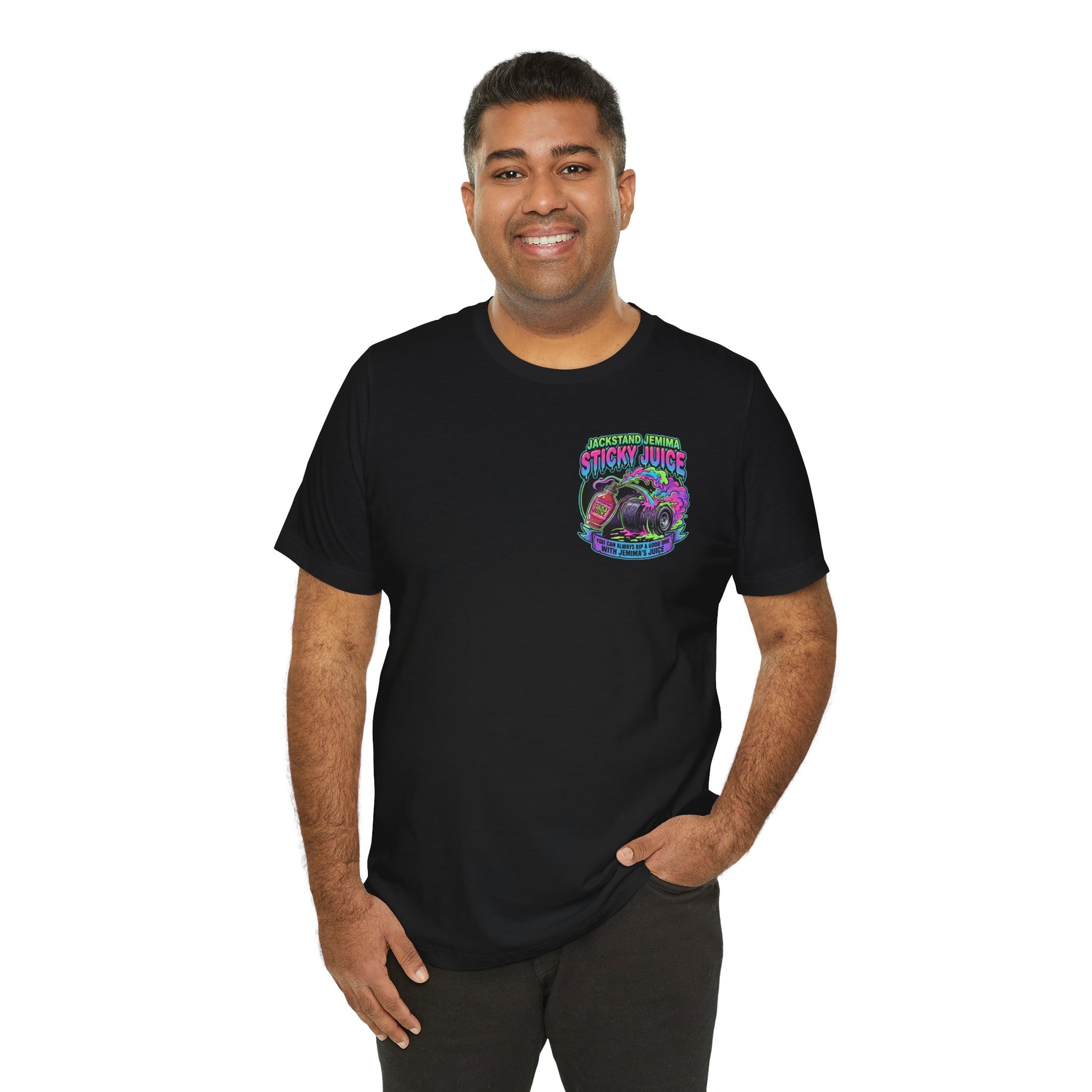 Man wearing a black t-shirt with a colorful graphic and text 'Jackstand Jemima Sticky Juice' on a white background