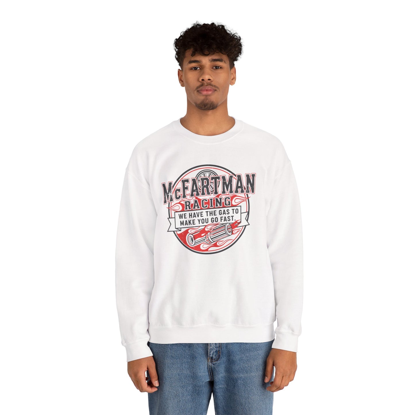 Person wearing a white sweatshirt with a graphic design McFartman Racing We have the gas to make you go fast on a white background