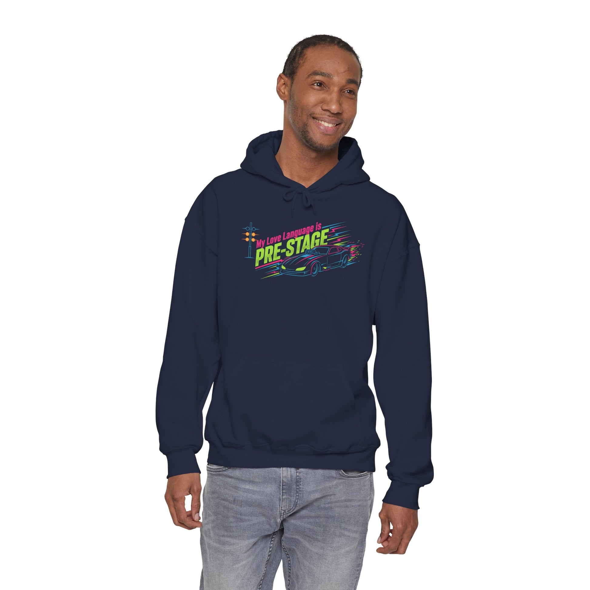 Man wearing a navy hoodie with colorful text 'My Love Language is Pre-Stage' design on a white background