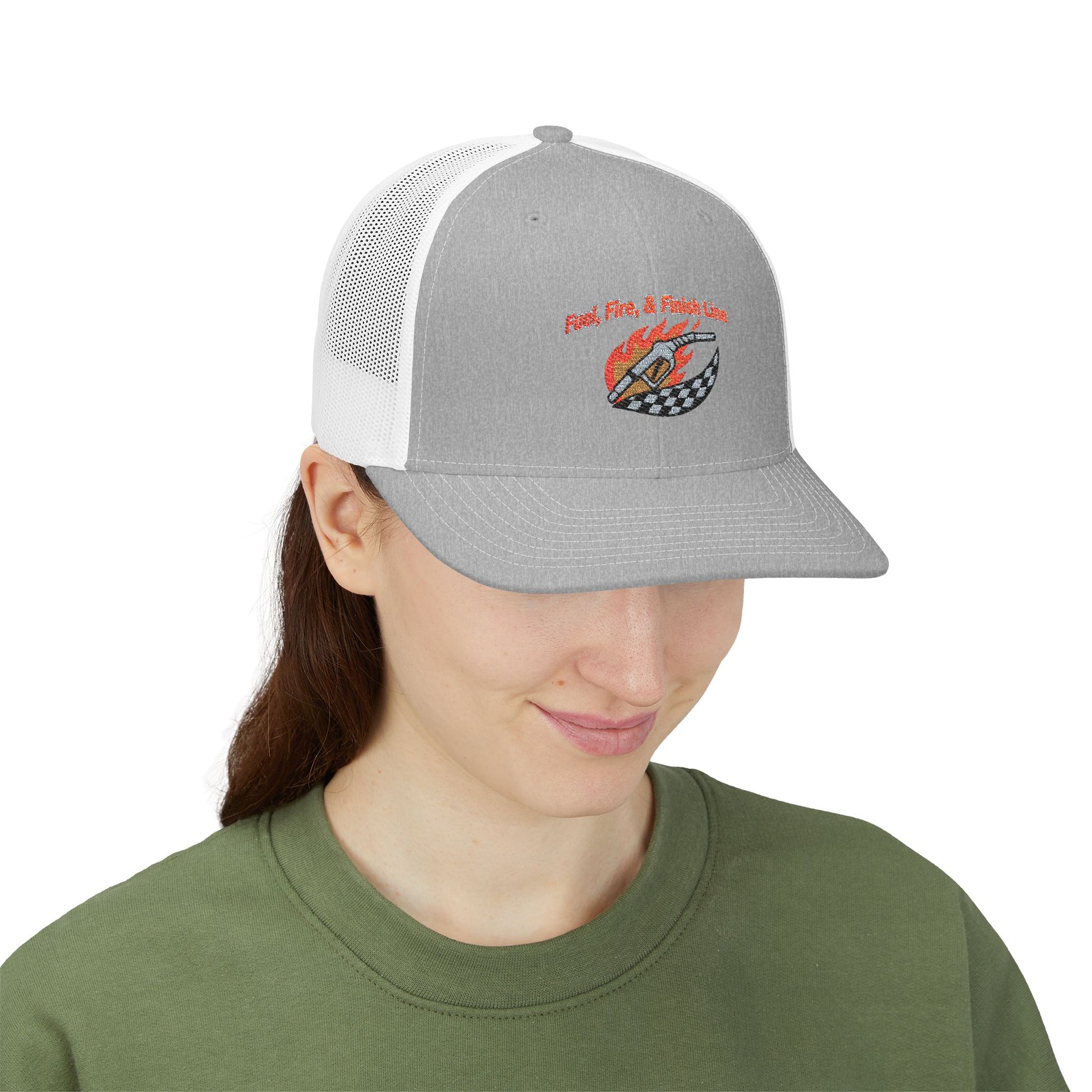 Person wearing a gray and white cap with a logo and text 'Fuel, Fire & Finish Line' on a white background