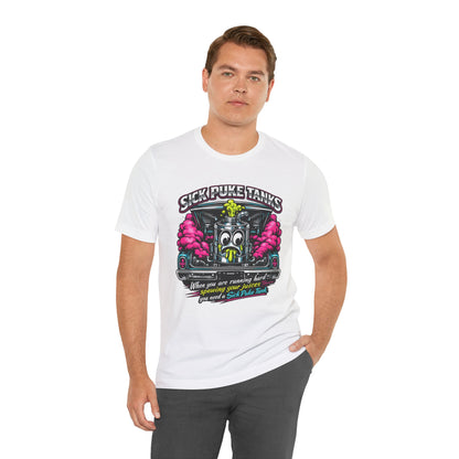 Man wearing a white t-shirt with a graphic design and 'Sick Puke Tanks When you are running hard spewing your juices you need a Sick Puke Tank' text
