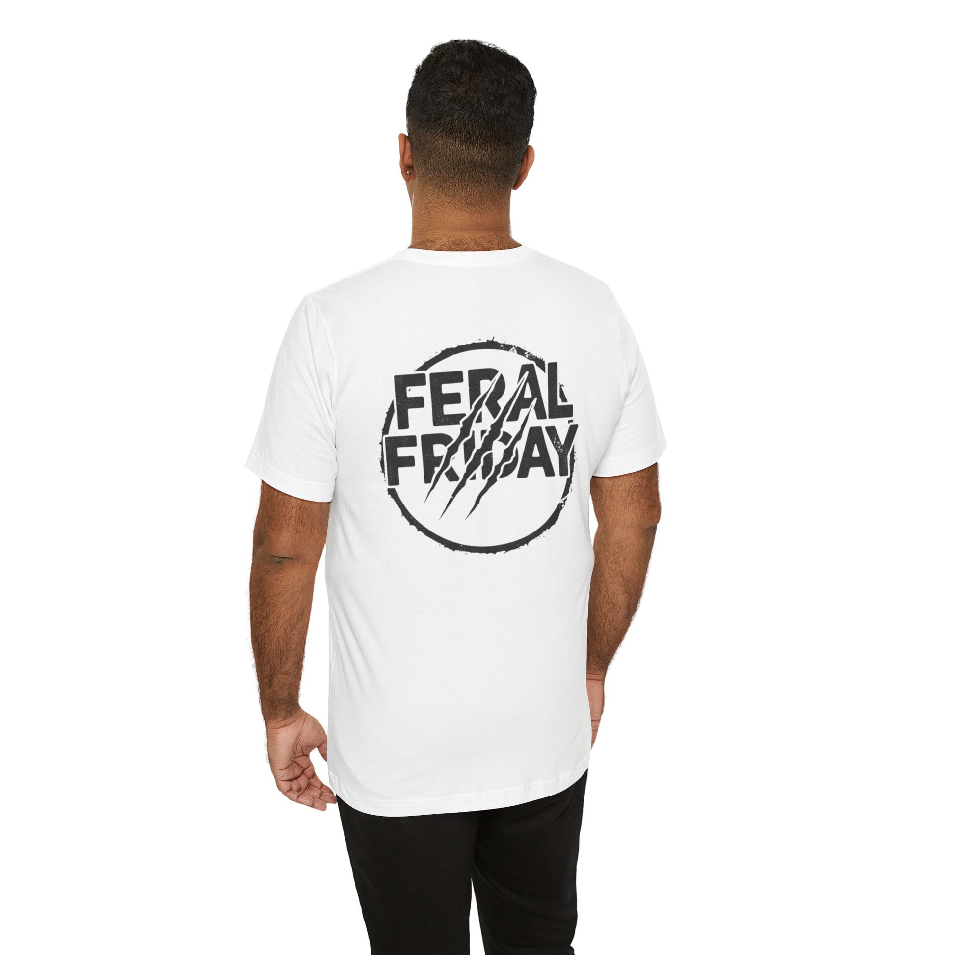 Person wearing a white t-shirt with 'Feral Friday' logo on the back against a white background