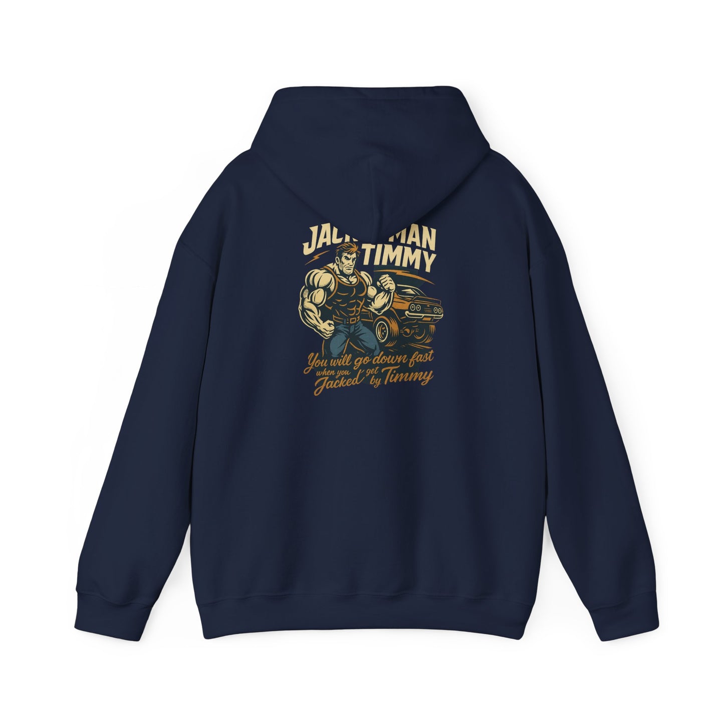 Navy blue hoodie with graphic design and 'JACKEDMAN TIMMY' text on the back, on a white background