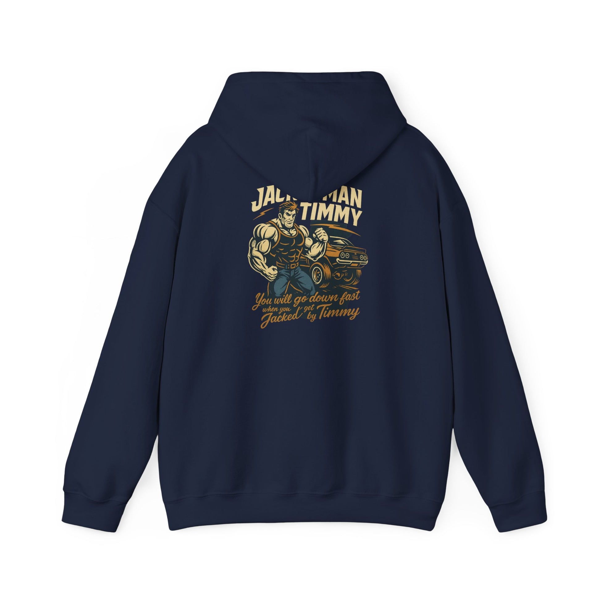 Navy blue hoodie with graphic design and 'JACKEDMAN TIMMY' text on the back, on a white background