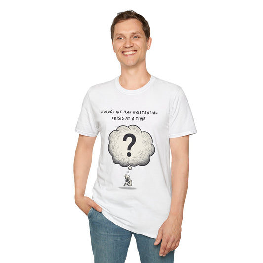 Person wearing a white t-shirt with a graphic and text 'Living Life One Existential Crisis At A Time' on a white background
