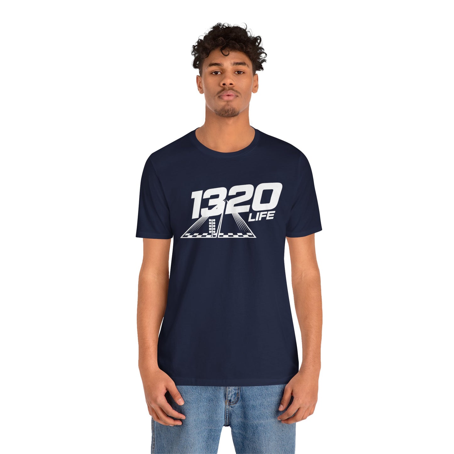 Person wearing a navy blue t-shirt with '1320 LIFE' print on a white background