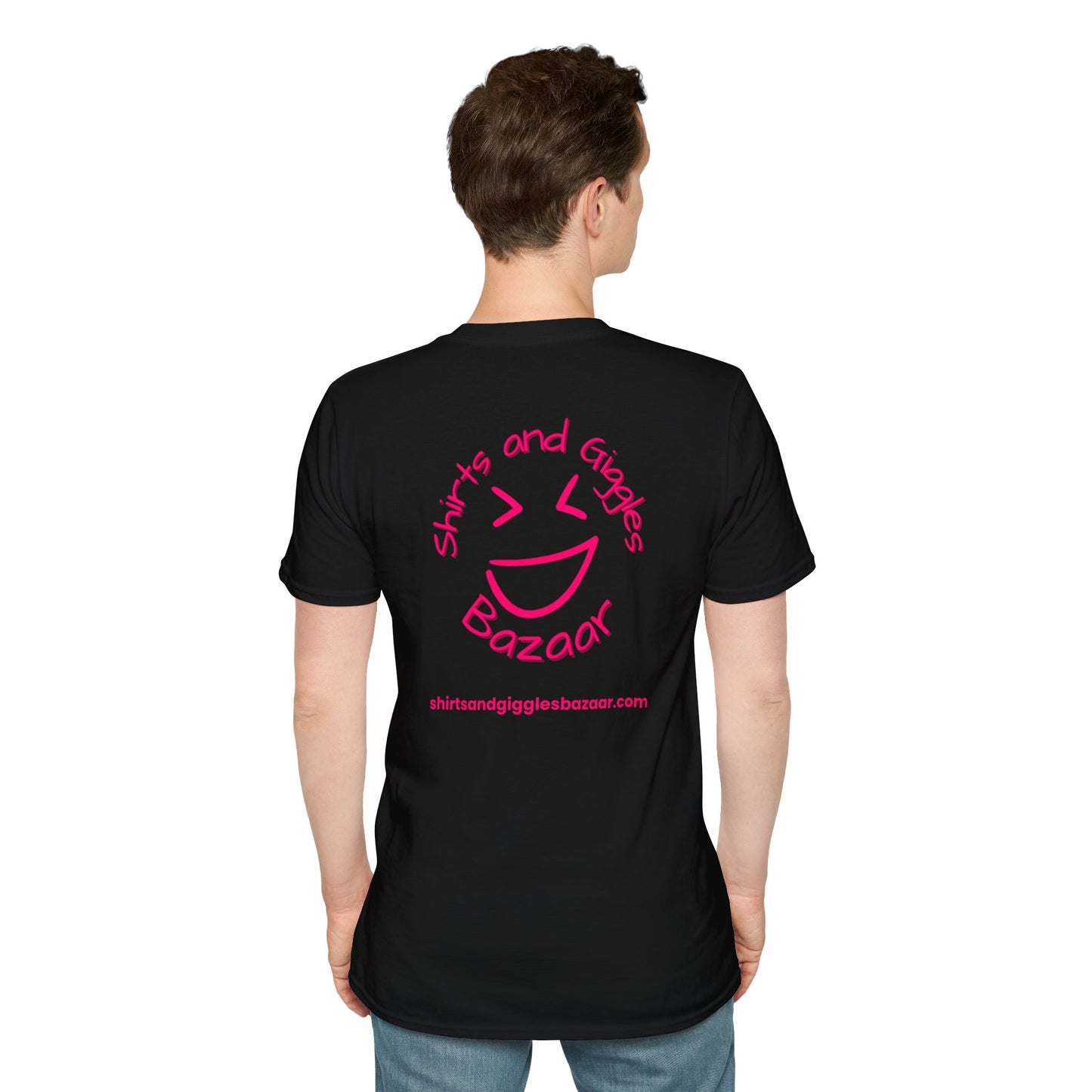 Person wearing a black t-shirt with a pink 'Shirts and Giggles Bazaar' logo