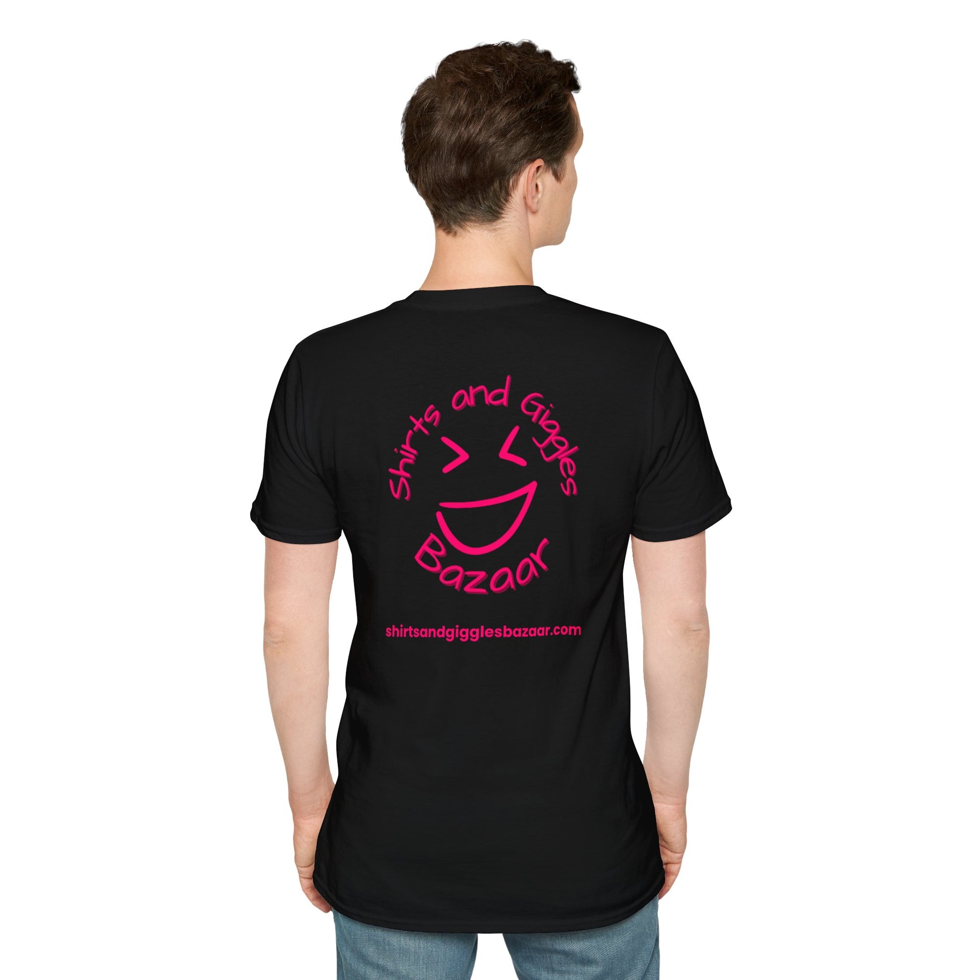 Person wearing a black t-shirt with a pink 'Shirts and Giggles Bazaar' logo