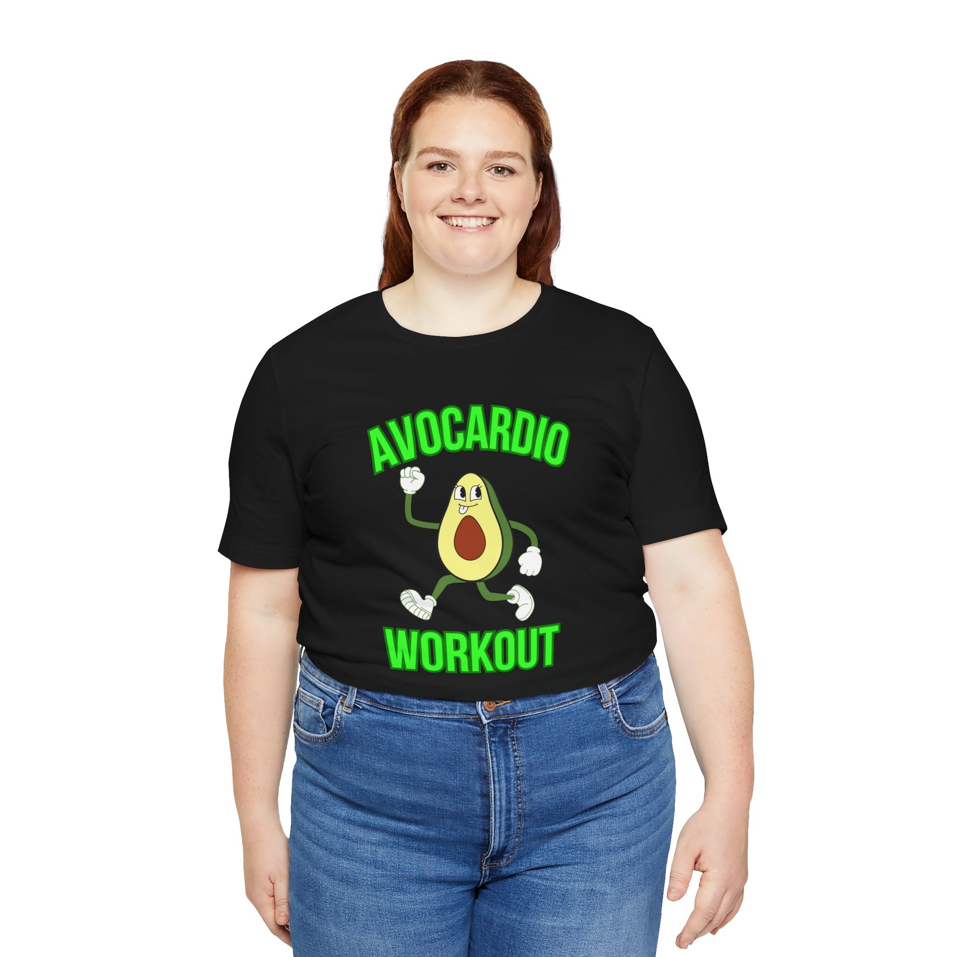 Person wearing a black t-shirt with an avocado graphic and text 'Avocardio workout' on a white background
