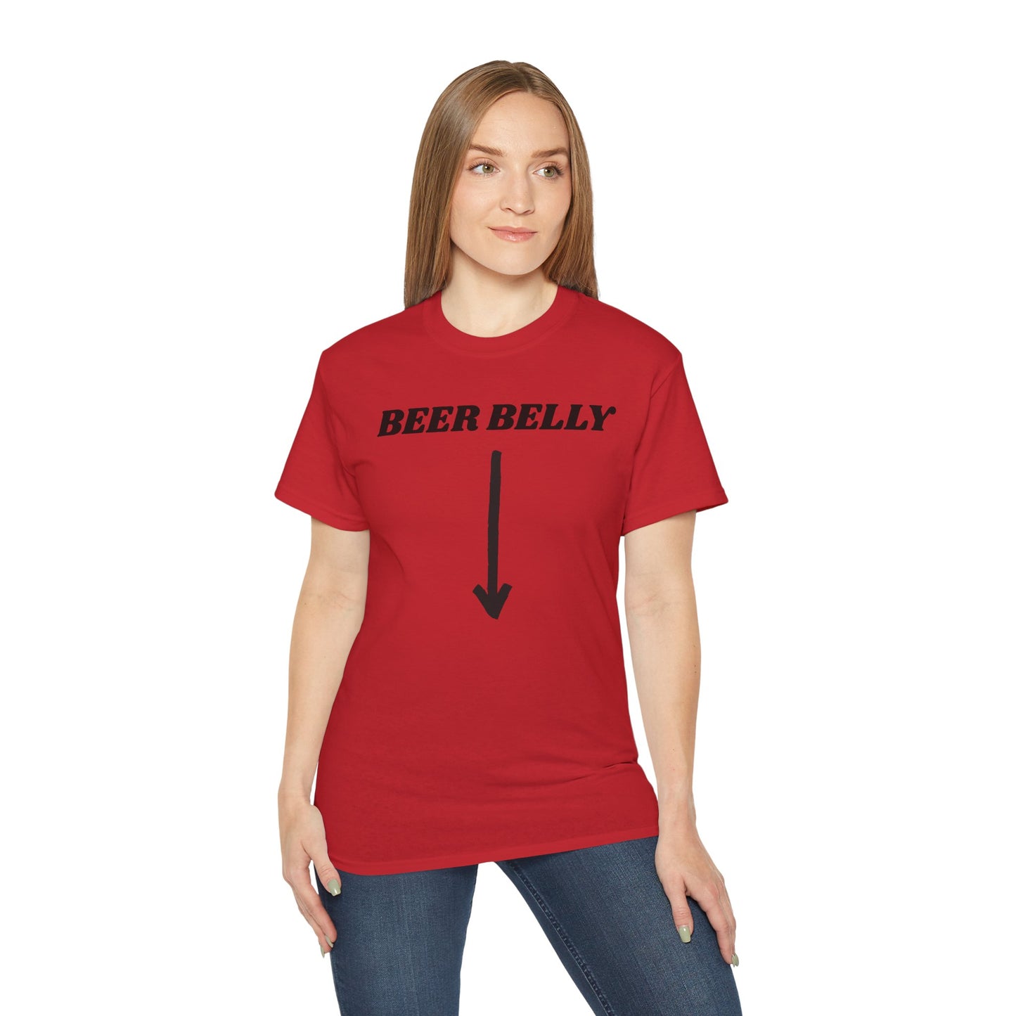 Person wearing a red t-shirt with 'BEER BELLY' text and an arrow graphic on a white background