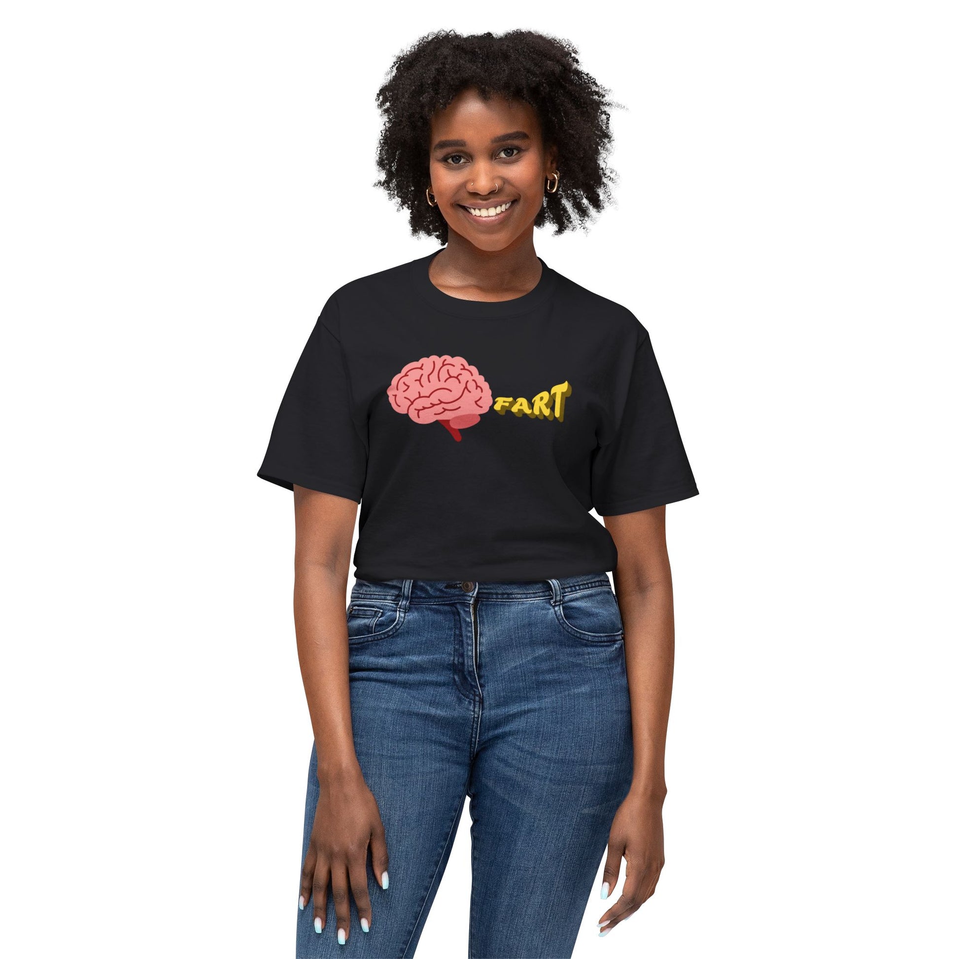 Person wearing a black t-shirt with a brain graphic and 'FART' text on a white background