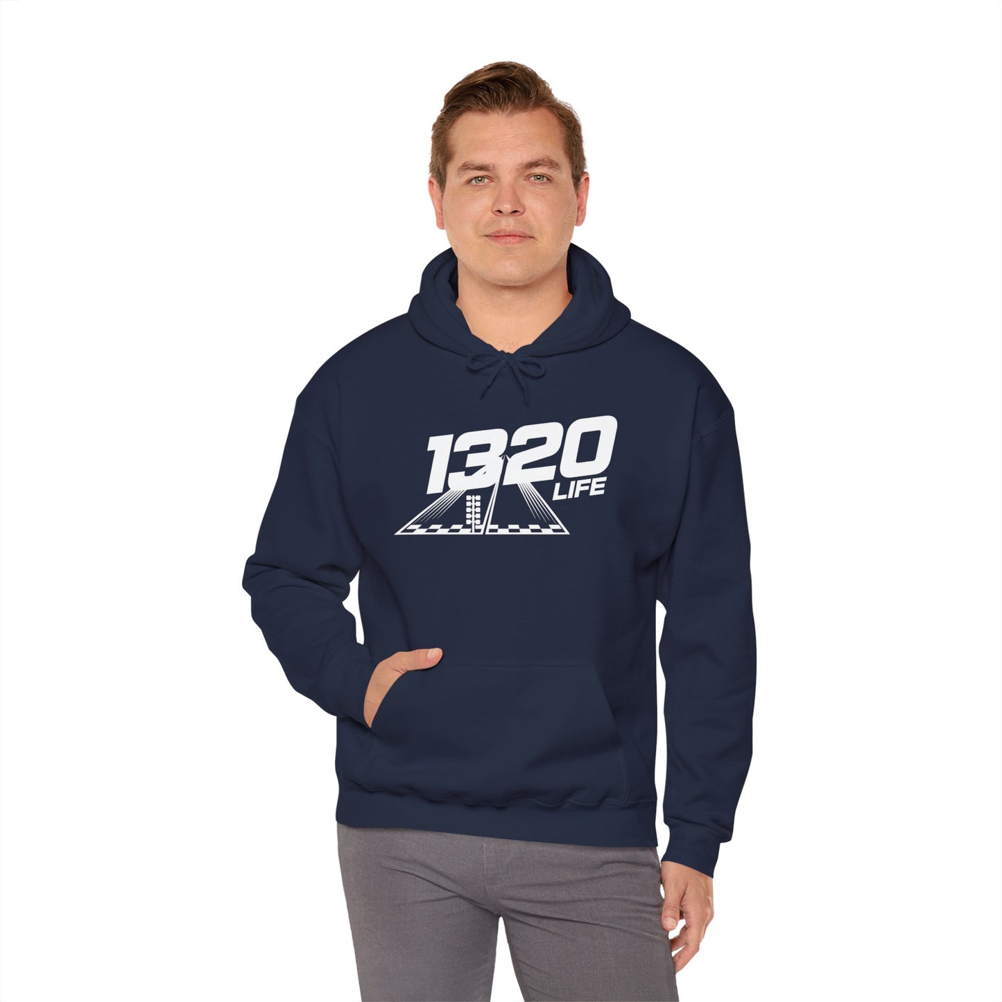 Man wearing a navy hoodie with '1320 LIFE' logo on a white background