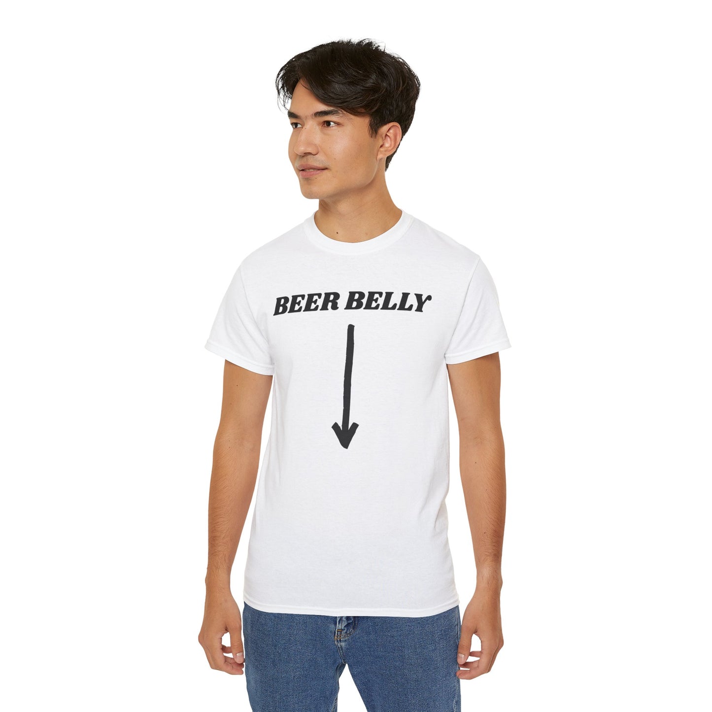 Person wearing a white t-shirt with 'BEER BELLY' text and arrow graphic on a white background