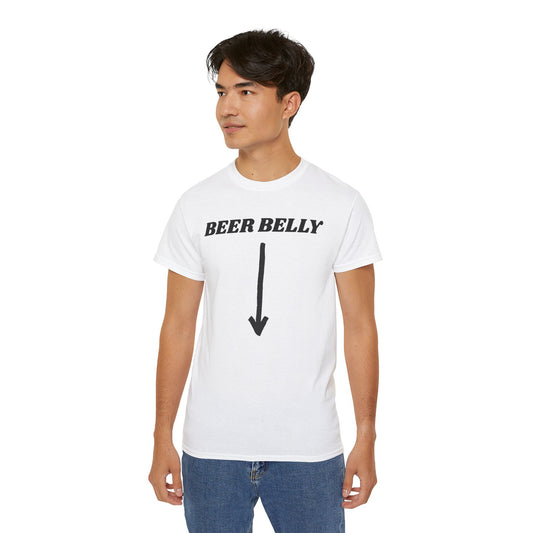 Person wearing a white t-shirt with 'BEER BELLY' text and arrow graphic on a white background