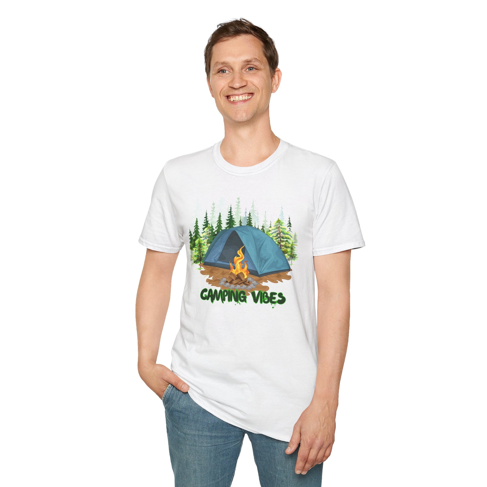 Person wearing a white t-shirt with a 'Camping Vibes' graphic design on a white background