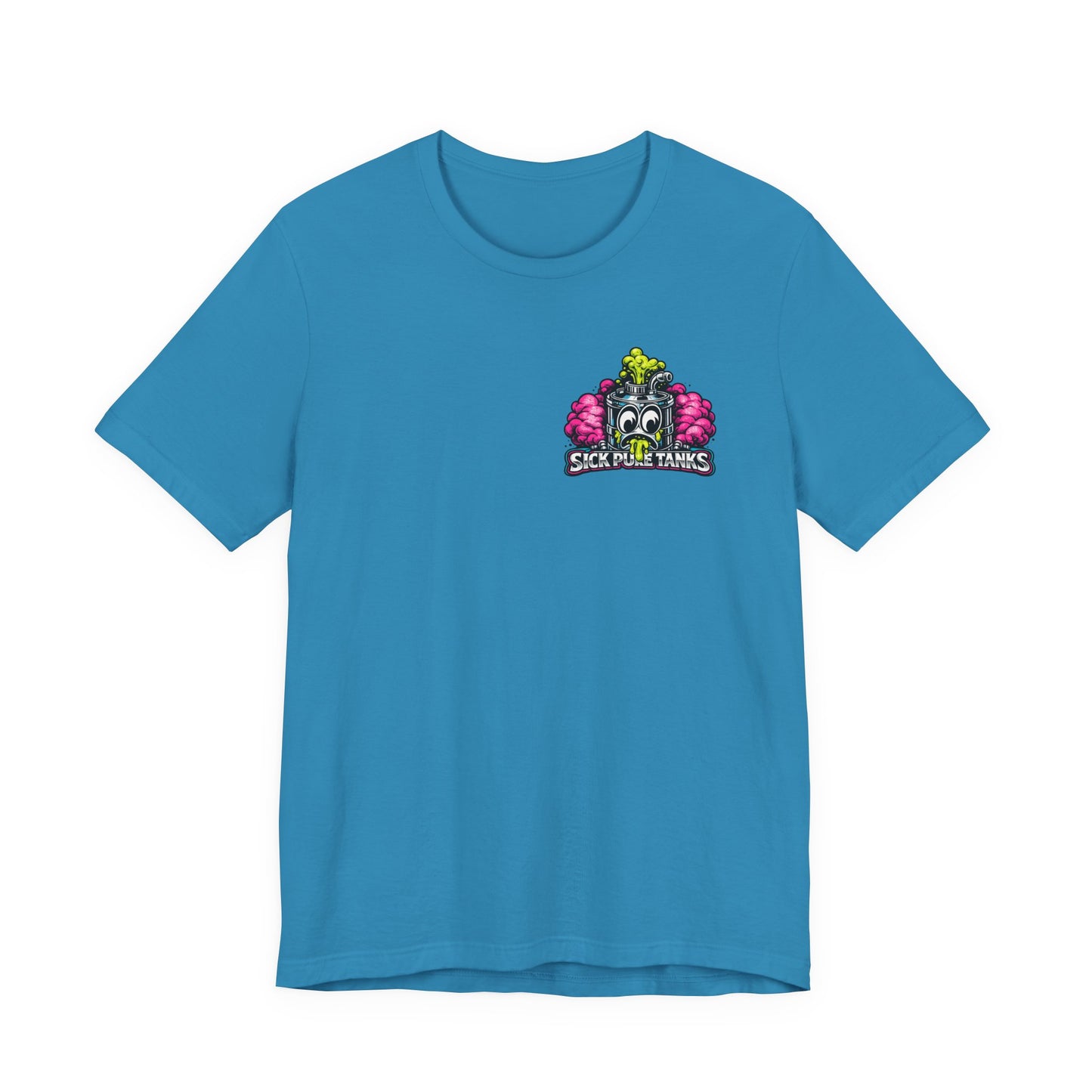 Aqua t-shirt with a colorful 'Sick Puke Tanks' logo