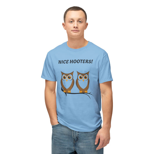 Person wearing a light blue t-shirt with owls and text 'Nice Hooters' on a white background