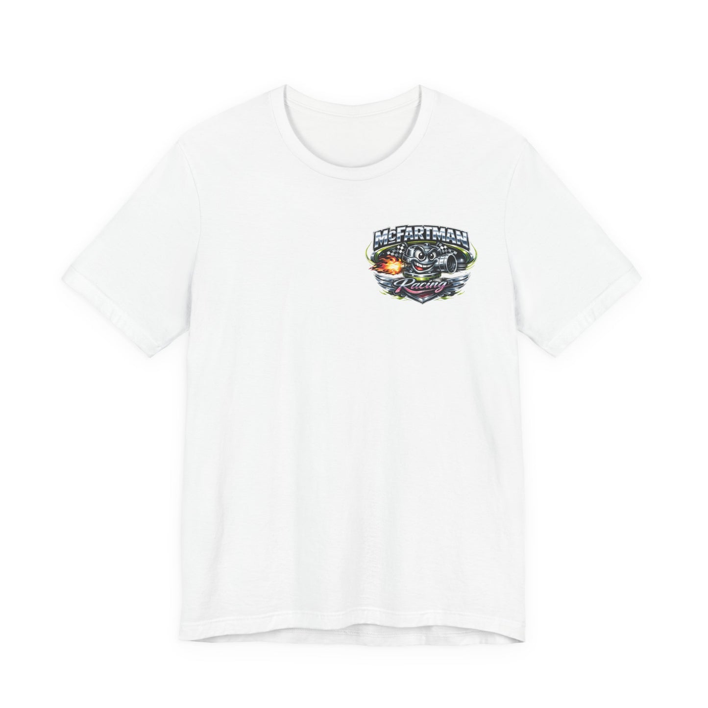 White t-shirt with a colorful 'McFartman Racing' graphic on a white background