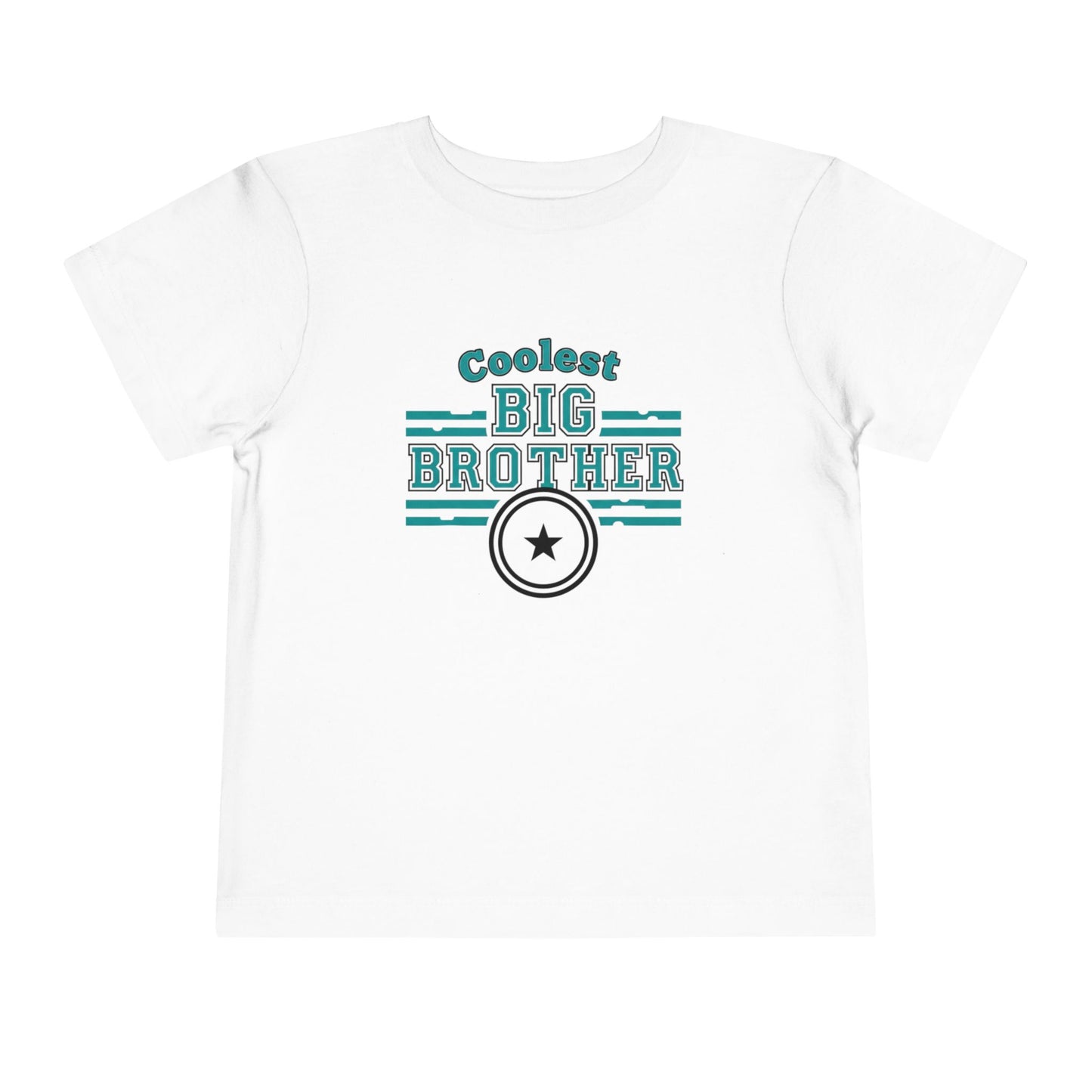White t-shirt with 'Coolest Big Brother' text and star design on a white background